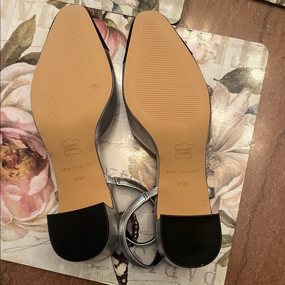 Ann Taylor Metallic Silver Slingback Block Heels with Black Cap Toe - Picture 4 of 5